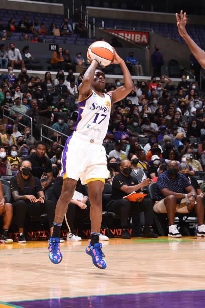 Erica Wheeler of the Los Angeles Sparks shoots the ball against the Seattle Storm on September 12, 2021 at Staples Center in Los Angeles, California....