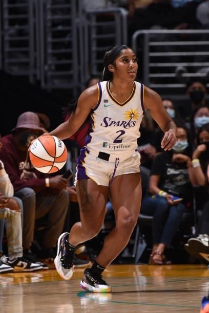 Te'a Cooper of the Los Angeles Sparks handles the ball against the Seattle Storm on September 12, 2021 at Staples Center in Los Angeles, California....
