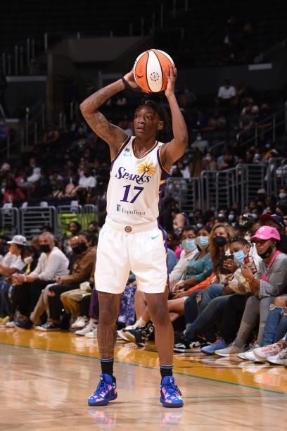 Erica Wheeler of the Los Angeles Sparks looks to pass the ball against the Seattle Storm on September 12, 2021 at Staples Center in Los Angeles,...