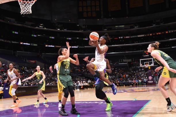 Erica Wheeler of the Los Angeles Sparks drives to the basket against the Seattle Storm on September 12, 2021 at Staples Center in Los Angeles,...