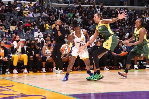 Erica Wheeler of the Los Angeles Sparks handles the ball against the Seattle Storm on September 12, 2021 at Staples Center in Los Angeles,...