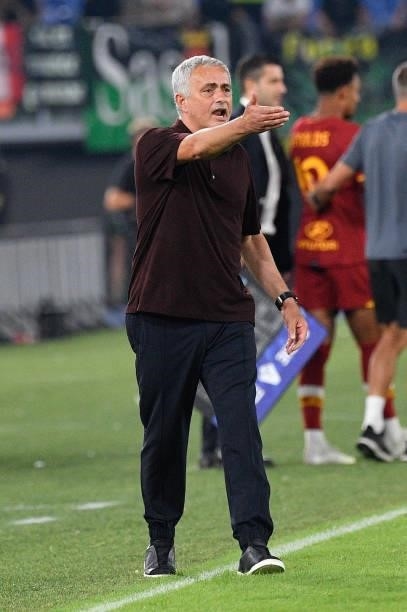 Jose Mourinho coach of AS Roma in action during the Italian Football Championship League A 2021/2022 match between AS Roma vs US Sassuolo at the...
