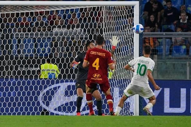 Filip Djuricic of US Sassuolo Calcio goal 1-1 in action during the Italian Football Championship League A 2021/2022 match between AS Roma vs US...