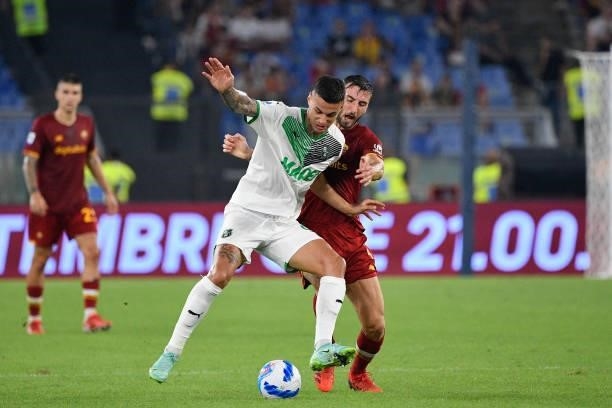 Gianluca Scamacca of US Sassuolo Calcio in action during the Italian Football Championship League A 2021/2022 match between AS Roma vs US Sassuolo at...