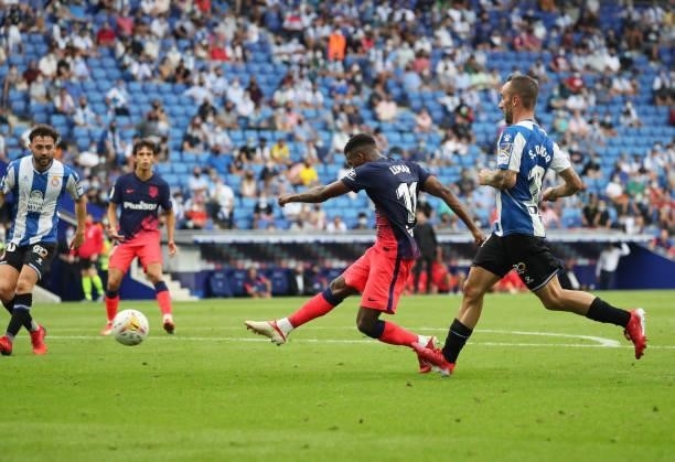 Thomas Lemarn scores during the match between FC RCD Espanyol and Atletico de Madrid, corresponding to the week 4 of the Liga Santander, played at...