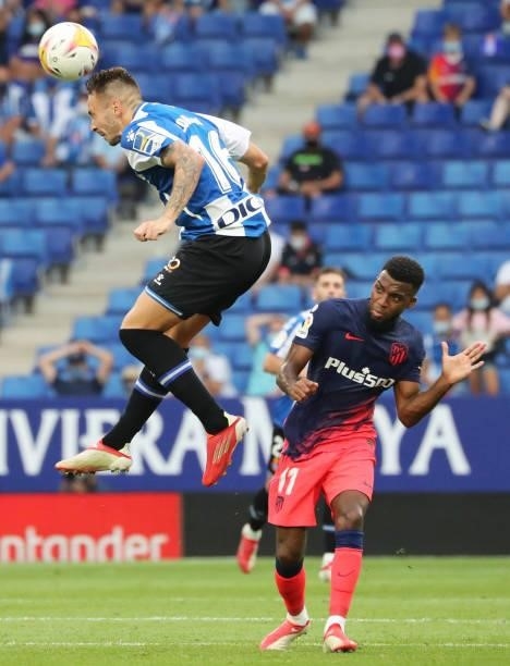 Thomas Lemar and Loren Moron during the match between FC RCD Espanyol and Atletico de Madrid, corresponding to the week 4 of the Liga Santander,...
