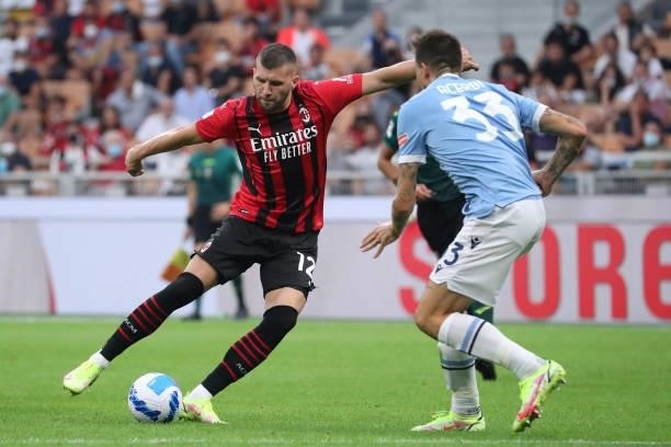 Ante Rebic of AC Milan in action during the Serie A match between AC Milan and SS Lazio at Stadio Giuseppe Meazza on September 12, 2021 in Milan,...