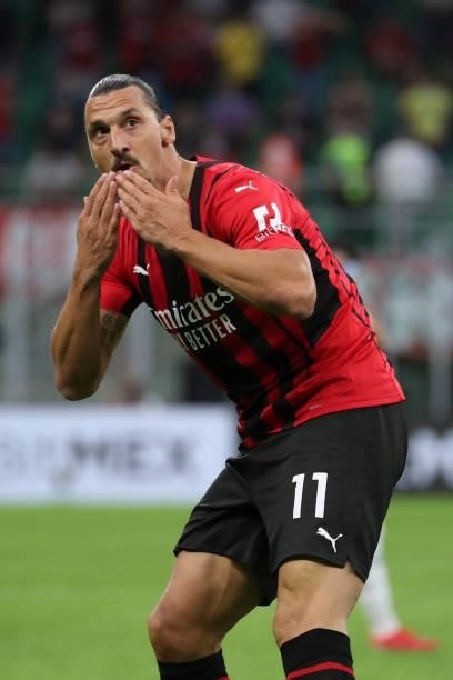 Zlatan Ibrahimovic of AC Milan celebrates after scoring the his team's second goal during the Serie A match between AC Milan and SS Lazio at Stadio...