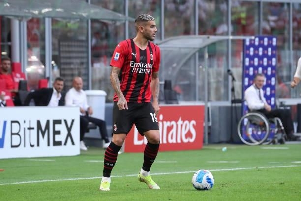 Theo Hernandez of AC Milan in action during the Serie A match between AC Milan and SS Lazio at Stadio Giuseppe Meazza on September 12, 2021 in Milan,...
