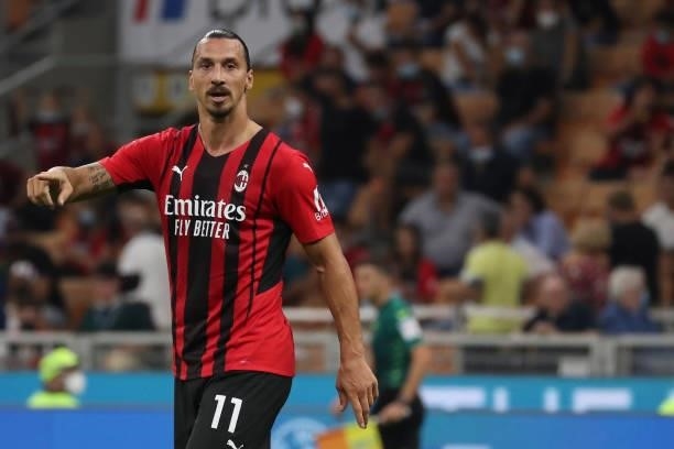 Zlatan Ibrahimovic of AC Milan gestures during the Serie A match between AC Milan and SS Lazio at Stadio Giuseppe Meazza on September 12, 2021 in...