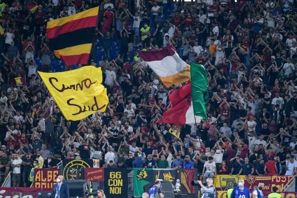 Supporters of AS Roma on the stands during the Serie A match between AS Roma and Sassuolo Calcio at Stadio Olimpico, Rome, Italy on 12 September 2021.