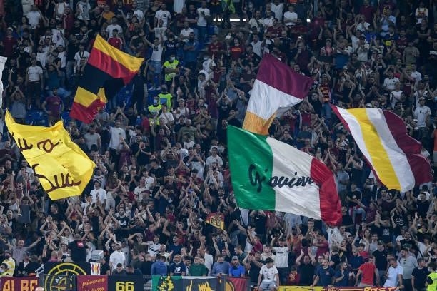 Supporters of AS Roma on the stands during the Serie A match between AS Roma and Sassuolo Calcio at Stadio Olimpico, Rome, Italy on 12 September 2021.