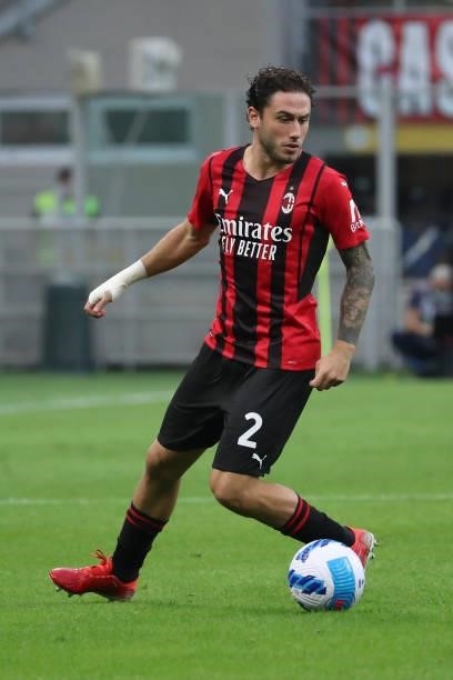 Davide Calabria of AC Milan in action during the Serie A match between AC Milan and SS Lazio at Stadio Giuseppe Meazza on September 12, 2021 in...