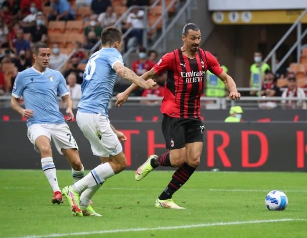 Zlatan Ibrahimovic of AC Milan in action during the Serie A match between AC Milan and SS Lazio at Stadio Giuseppe Meazza on September 12, 2021 in...