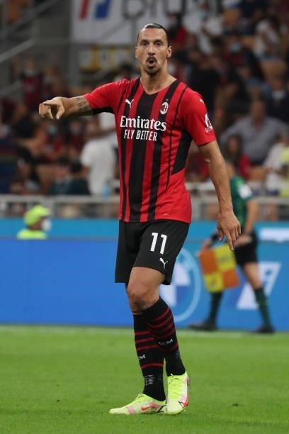 Zlatan Ibrahimovic of AC Milan gestures during the Serie A match between AC Milan and SS Lazio at Stadio Giuseppe Meazza on September 12, 2021 in...