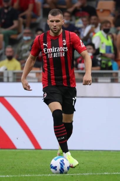 Ante Rebic of AC Milan in action during the Serie A match between AC Milan and SS Lazio at Stadio Giuseppe Meazza on September 12, 2021 in Milan,...