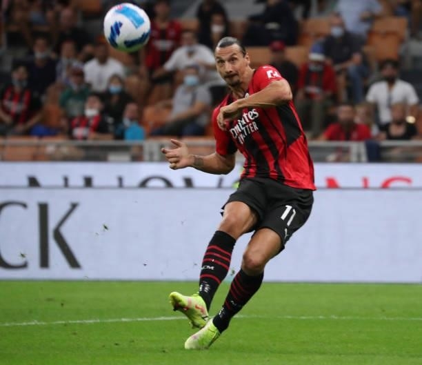 Zlatan Ibrahimovic of AC Milan in action during the Serie A match between AC Milan and SS Lazio at Stadio Giuseppe Meazza on September 12, 2021 in...