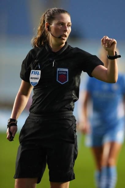 Referee Abigail Byrne during the Barclays FA Women's Super League match between Manchester City Women and Tottenham Hotspur Women at The Academy...