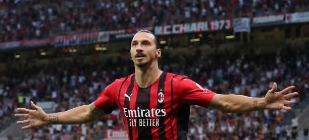 Zlatan Ibrahimovic of AC Milan celebrates after scoring the his team's second goal during the Serie A match between AC Milan and SS Lazio at Stadio...