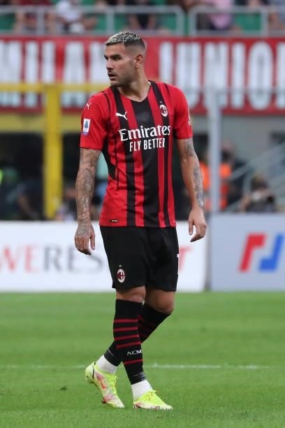 Theo Hernandez of AC Milan in action during the Serie A match between AC Milan and SS Lazio at Stadio Giuseppe Meazza on September 12, 2021 in Milan,...