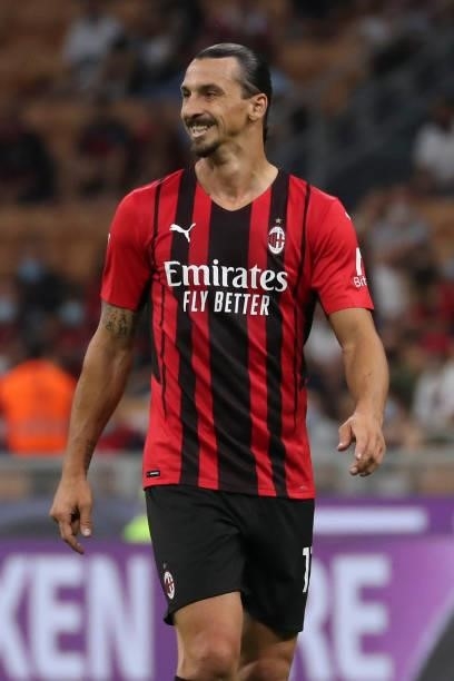 Zlatan Ibrahimovic of AC Milan looks on during the Serie A match between AC Milan and SS Lazio at Stadio Giuseppe Meazza on September 12, 2021 in...
