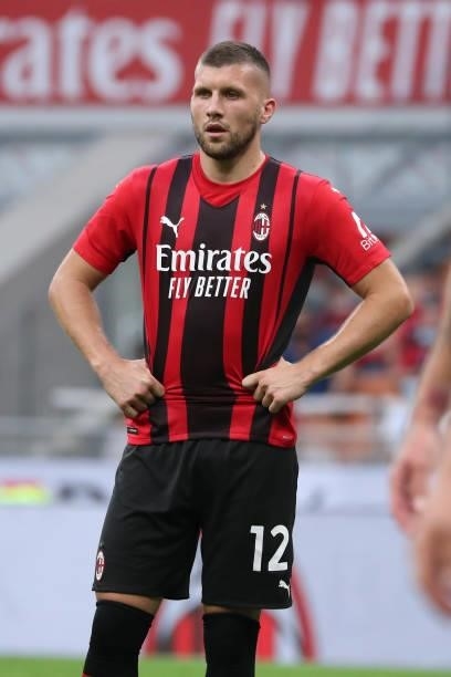 Ante Rebic of AC Milan looks on during the Serie A match between AC Milan and SS Lazio at Stadio Giuseppe Meazza on September 12, 2021 in Milan,...