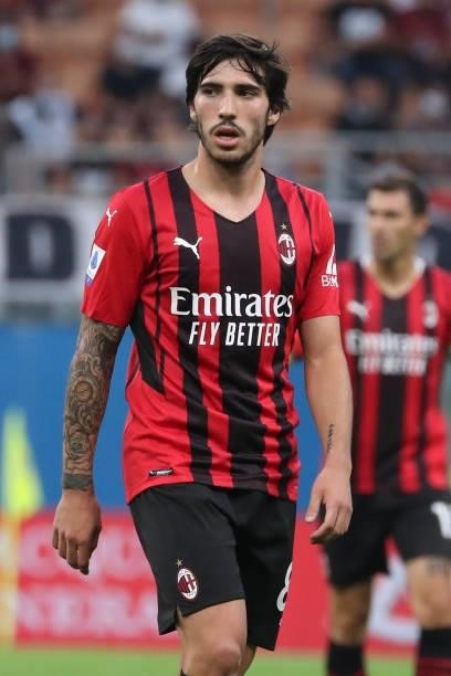 Sandro Tonali of AC Milan looks on during the Serie A match between AC Milan and SS Lazio at Stadio Giuseppe Meazza on September 12, 2021 in Milan,...