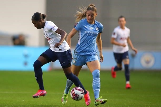 Janine Beckie of Manchester City Women and Jessica Naz of Tottenham Hotspur Women during the Barclays FA Women's Super League match between...