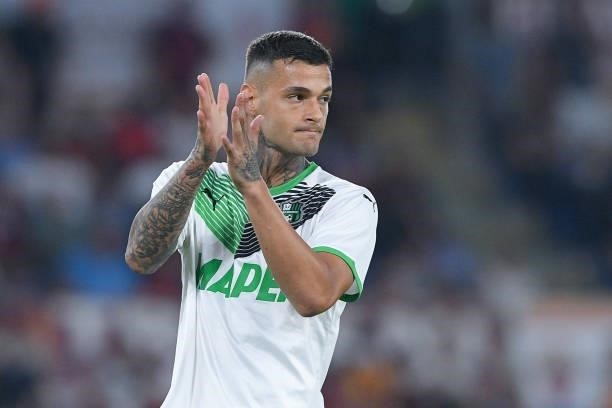 Gianluca Scamacca of Sassuolo Calcio during the Serie A match between AS Roma and Sassuolo Calcio at Stadio Olimpico, Rome, Italy on 12 September...