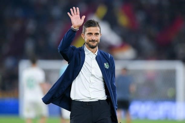 Alessio Dionisi manager of Sassuolo Calcio greets his supporters during the Serie A match between AS Roma and Sassuolo Calcio at Stadio Olimpico,...