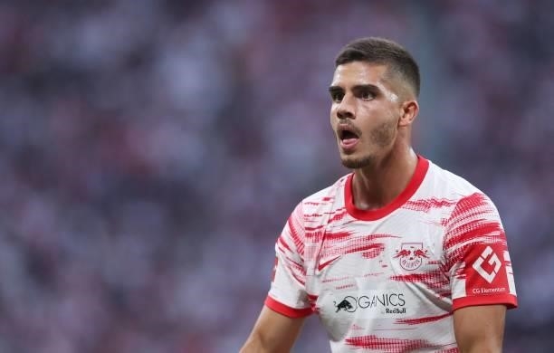 Leipzig's Portugese forward Andre Silva reacts during the German first division Bundesliga football match RB Leipzig vs FC Bayern Munich in Leipzig,...