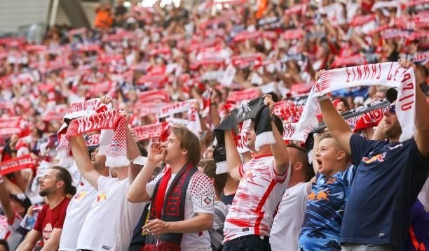 Supporters of RB Leipzig cheer during the German first division Bundesliga football match RB Leipzig vs FC Bayern Munich in Leipzig, eastern Germany,...