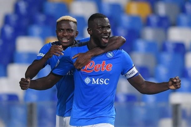 Kalidou Koulibaly of SSC Napoli celebrates with Victor Osimhen of SSC Napoli scoring second goal during the Serie A match between SSC Napoli and FC...
