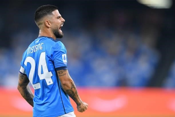 Lorenzo Insigne of SSC Napoli celebrates after Matteo Politano of SSC Napoli scored first goal during the Serie A match between SSC Napoli and FC...
