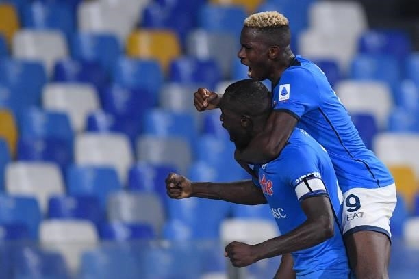 Kalidou Koulibaly of SSC Napoli celebrates with Victor Osimhen of SSC Napoli scoring second goal during the Serie A match between SSC Napoli and FC...