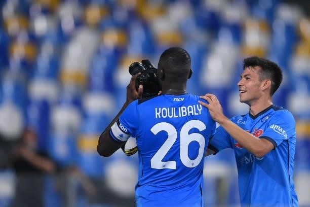 Kalidou Koulibaly of SSC Napoli celebrates with a camera after scoring second goal during the Serie A match between SSC Napoli and FC Juventus at...