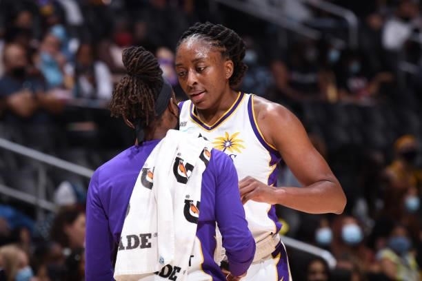 Nneka Ogwumike of the Los Angeles Sparks talks with her teammate during the game against the Seattle Storm on September 12, 2021 at Staples Center in...