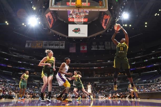 Epiphanny Prince of the Seattle Storm grabs the rebound against the Los Angeles Sparks on September 12, 2021 at Staples Center in Los Angeles,...