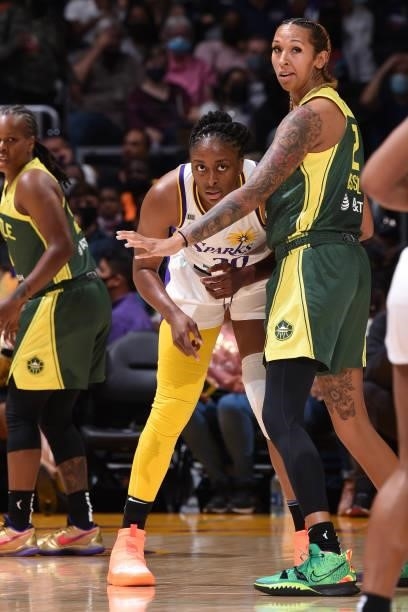 Nneka Ogwumike of the Los Angeles Sparks and Mercedes Russell of the Seattle Storm look on during the game on September 12, 2021 at Staples Center in...