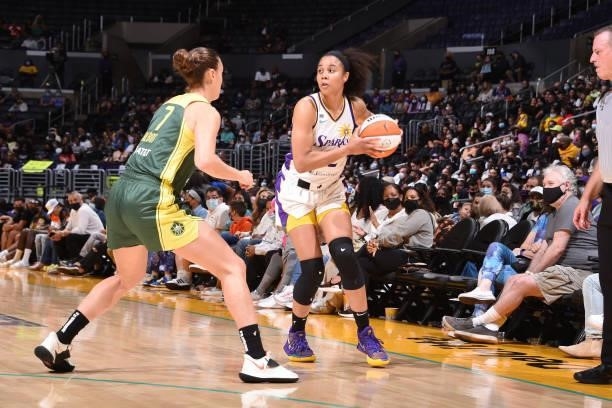 Nia Coffey of the Los Angeles Sparks looks to pass the ball against the Seattle Storm on September 12, 2021 at Staples Center in Los Angeles,...