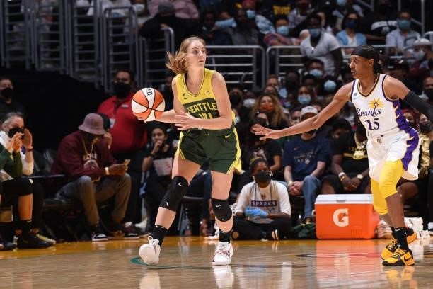 Karlie Samuelson of the Seattle Storm looks to pass the ball against the Los Angeles Sparks on September 12, 2021 at Staples Center in Los Angeles,...