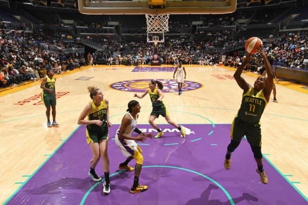 Epiphanny Prince of the Seattle Storm shoots the ball against the Los Angeles Sparks on September 12, 2021 at Staples Center in Los Angeles,...