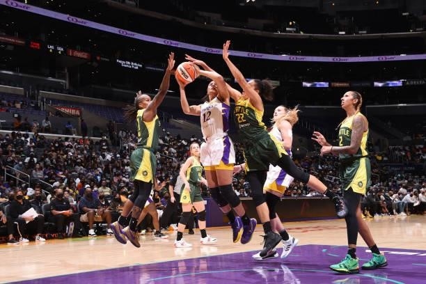 Nia Coffey of the Los Angeles Sparks drives to the basket against the Seattle Storm on September 12, 2021 at Staples Center in Los Angeles,...