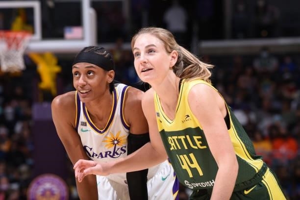 Brittney Sykes of the Los Angeles Sparks and Karlie Samuelson of the Seattle Storm look on during the game on September 12, 2021 at Staples Center in...