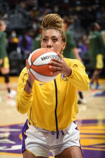 Arella Guirantes of the Los Angeles Sparks warms up before the game against the Seattle Storm on September 12, 2021 at Staples Center in Los Angeles,...