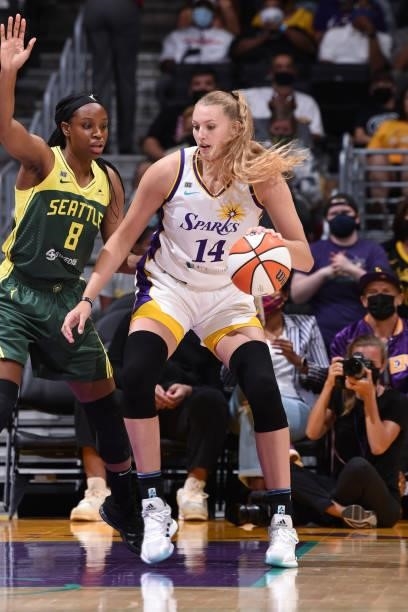 Lauren Cox of the Los Angeles Sparks handles the ball against the Seattle Storm on September 12, 2021 at Staples Center in Los Angeles, California....