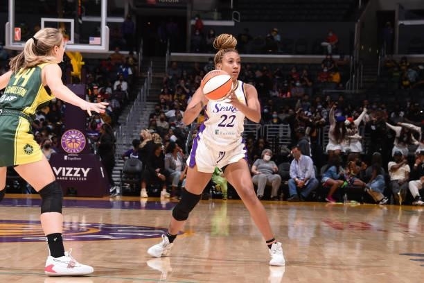 Arella Guirantes of the Los Angeles Sparks looks to pass the ball against the Seattle Storm on September 12, 2021 at Staples Center in Los Angeles,...