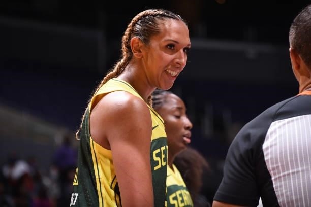 Mercedes Russell of the Seattle Storm smiles during the game against the Los Angeles Sparks on September 12, 2021 at Staples Center in Los Angeles,...