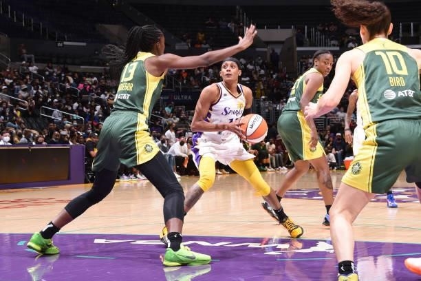Brittney Sykes of the Los Angeles Sparks drives to the basket against the Seattle Storm on September 12, 2021 at Staples Center in Los Angeles,...