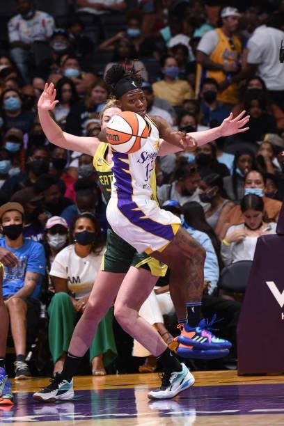 Erica Wheeler of the Los Angeles Sparks passes the ball against the Seattle Storm on September 12, 2021 at Staples Center in Los Angeles, California....